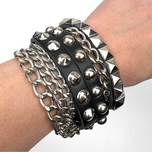Silver and Black Studded Cuff Bracelet Leather Punk Goth Rocker Chain Studs